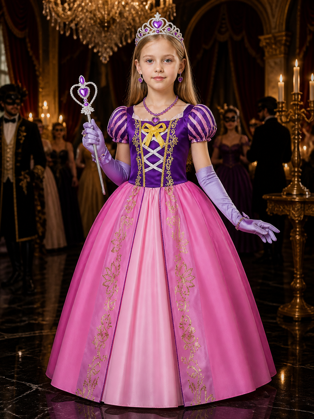 Girls' Princess Halloween Costume Dress Set With Crown, Jewelry, Wand And Gloves Costume Dresses detail