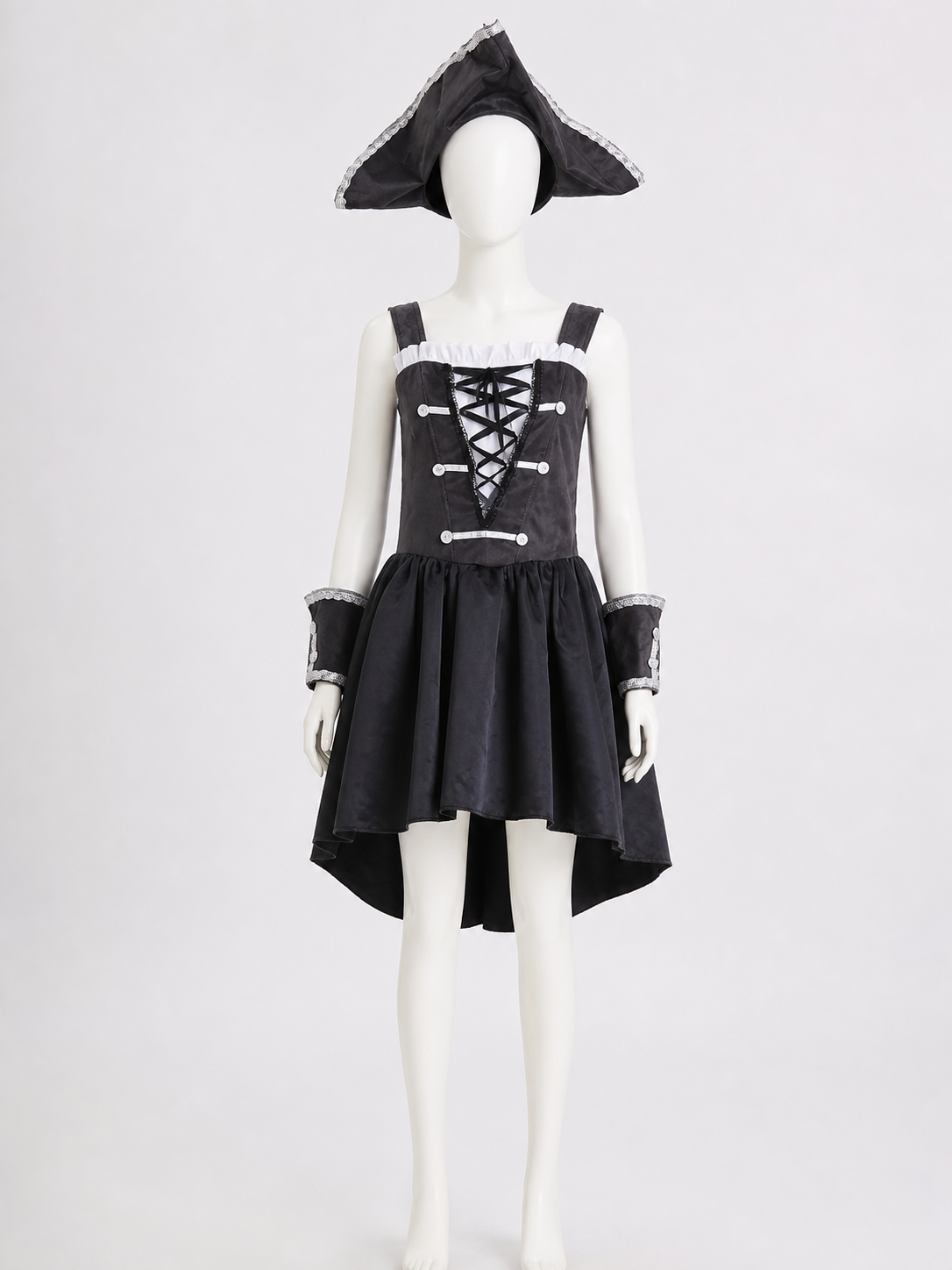 Black Pirate Costume Set With Hat, Sleeveless Dress And Wristbands Costume Dresses detail
