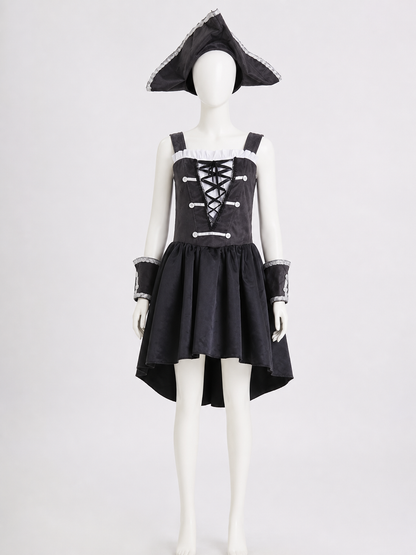 Black Pirate Costume Set With Hat, Sleeveless Dress And Wristbands Costume Dresses detail