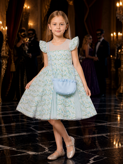 Girls' Blue Floral Princess Dress With Layered Tulle Skirt And Flutter Sleeves Costume Dresses detail