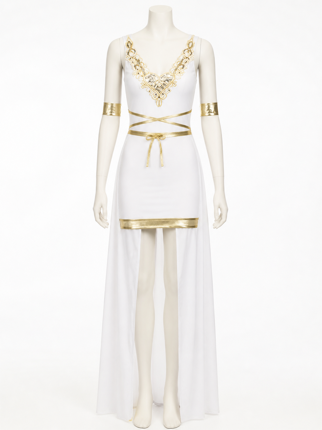 Egyptian Goddess Costume, White and Gold Sleeveless High-Slit Dress With Arm Costume Dresses detail