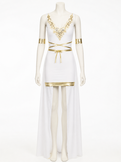 Egyptian Goddess Costume, White and Gold Sleeveless High-Slit Dress With Arm Costume Dresses detail