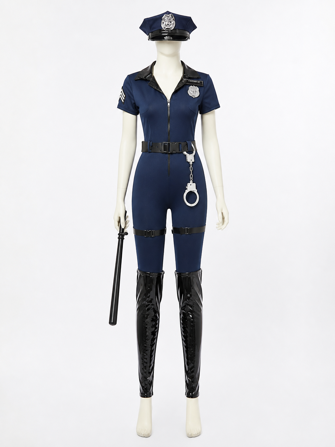 Women's Navy Blue Police Costume Bodysuit Set with Hat, Handcuffs, Belt, Baton Costume Headwear detail