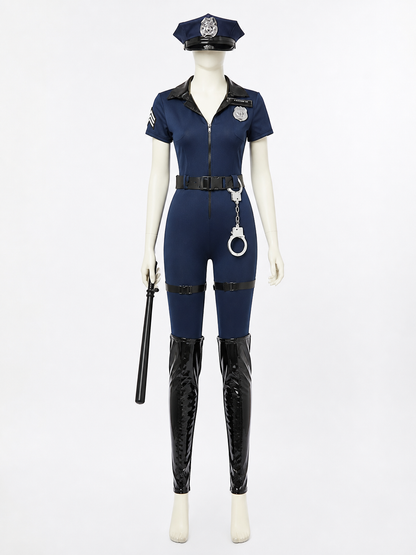 Women's Navy Blue Police Costume Bodysuit Set with Hat, Handcuffs, Belt, Baton Costume Headwear detail