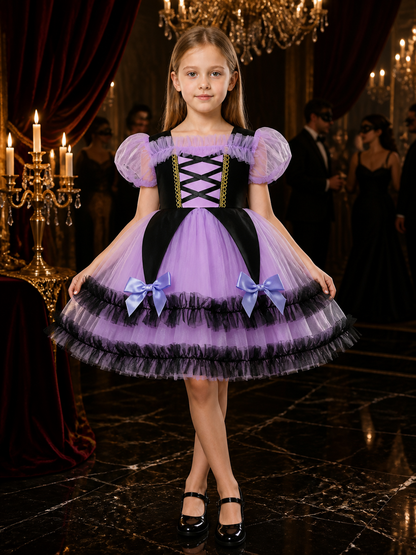 Girls' Purple and Black Witch Princess Costume Dress with Puff Sleeves and Tulle Costume Dresses detail