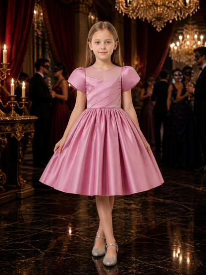 Girls' Pink Satin Princess Dress, Lace Square Neck, Short Sleeves, Full Skirt Costume Dresses detail