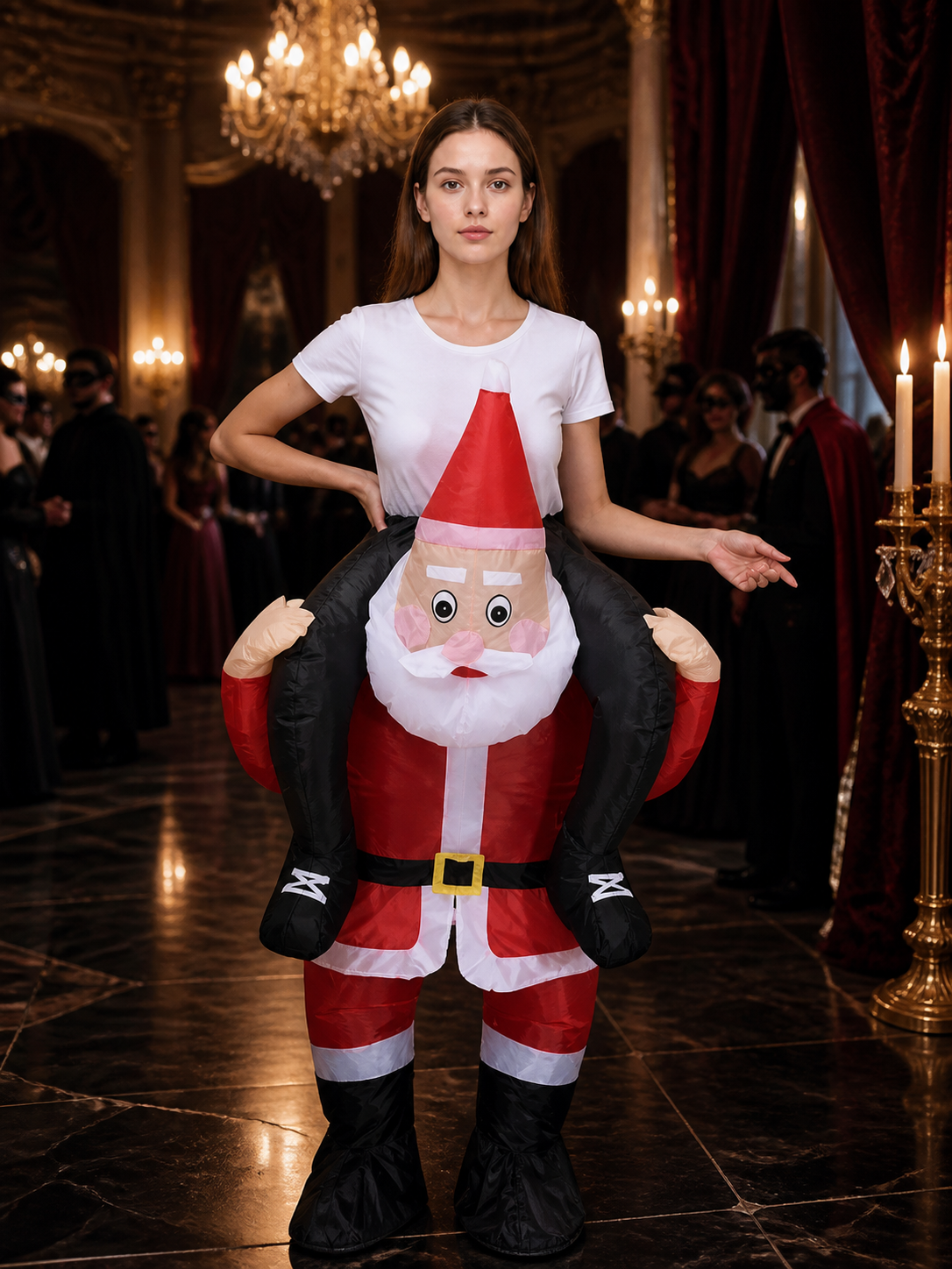 Santa Claus Inflatable Costume with Red White Stripes, Beard, Belt and Boots Costumes detail