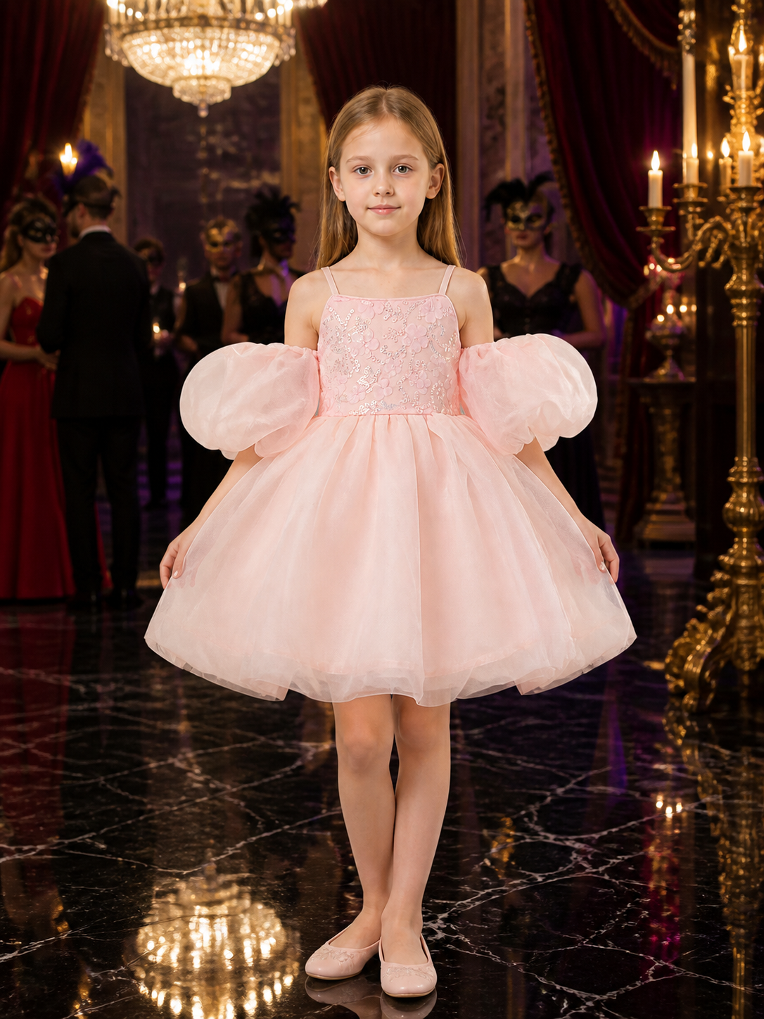 Baby Girls' Pink Princess Dress With Puff Sleeves, Sequin Floral Bodice and Costume Dresses detail
