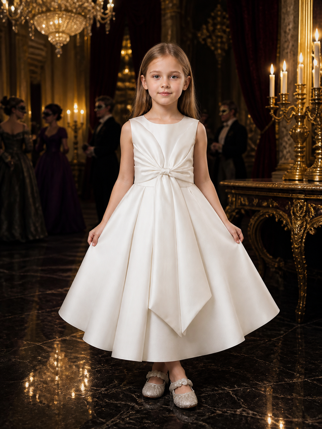 Girls' White Princess Dress, Sleeveless Large Bow Formal Gown