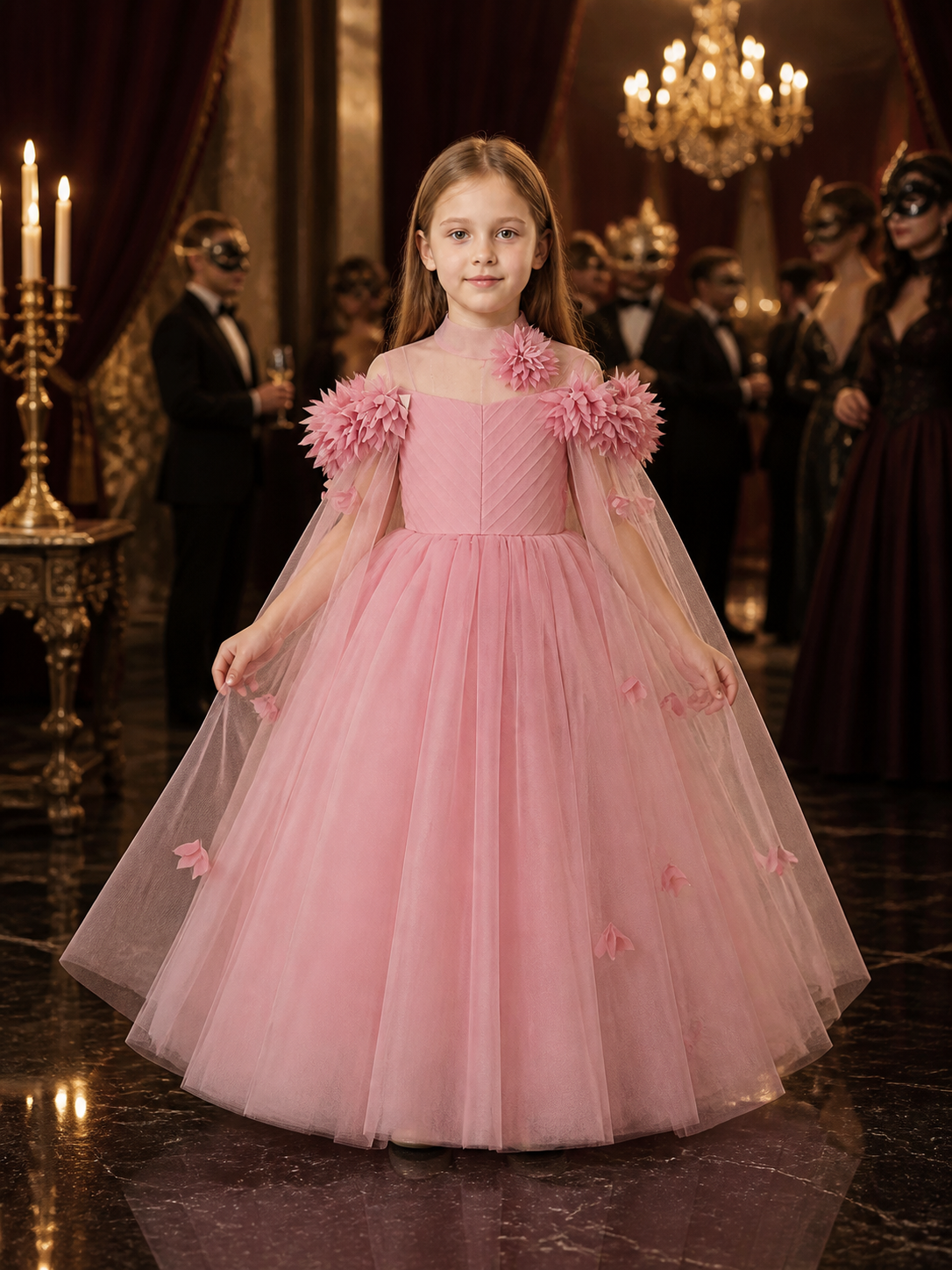 Baby Girls' Pink Princess Dress, Long-Sleeve Tulle Gown With 3D Floral Costume Dresses detail