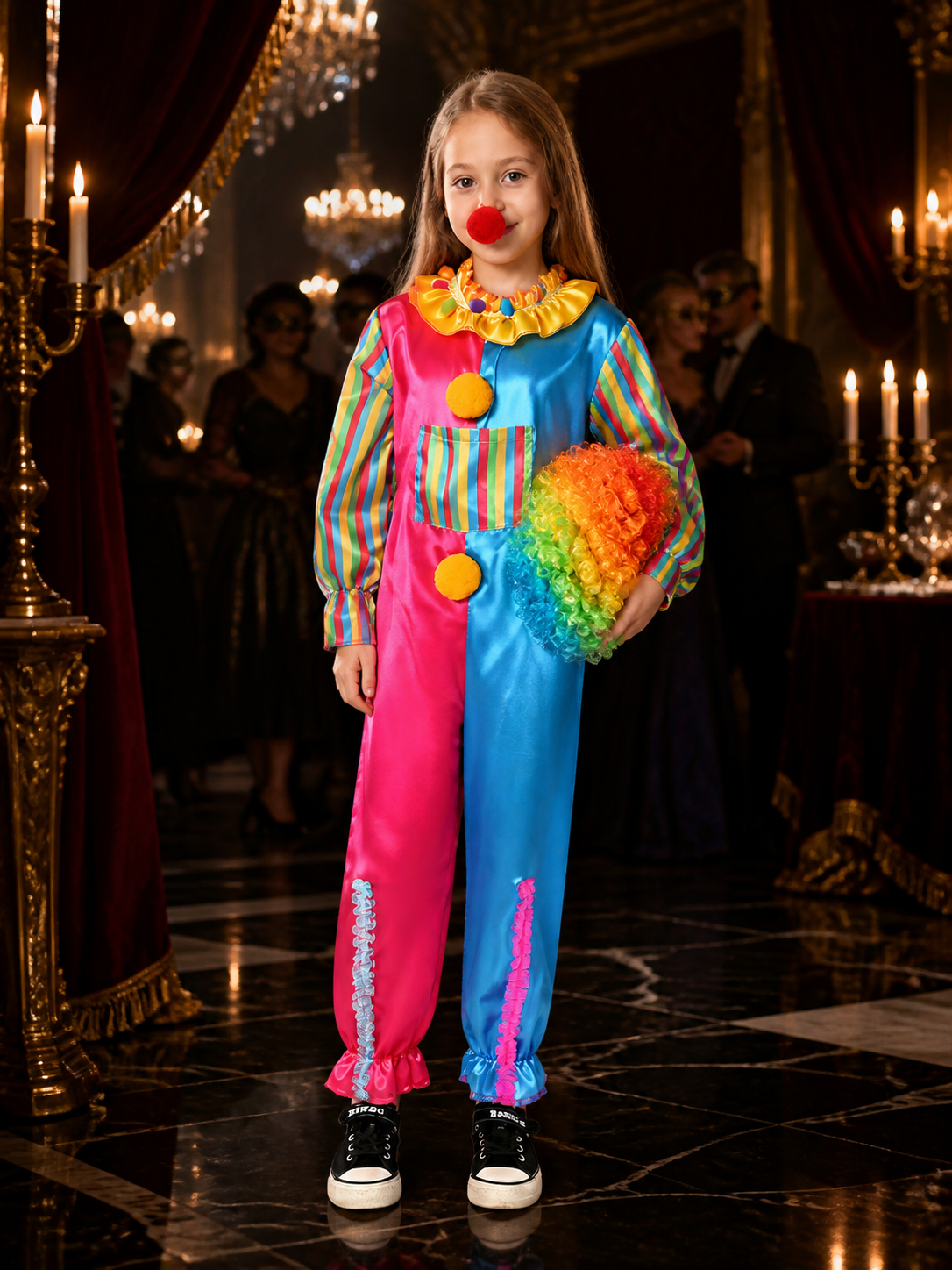 Kids' Rainbow Clown Jumpsuit Costume Set with Wig and Nose Costume Wigs detail