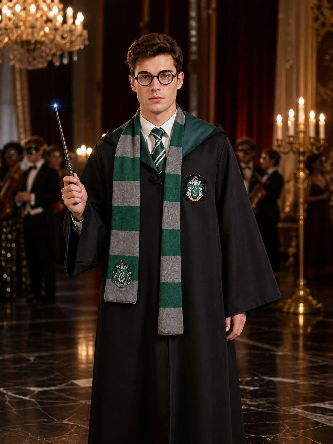Slytherin Wizard Costume Set, Hooded Black Robe With Scarf, Tie, Glasses And Costumes detail