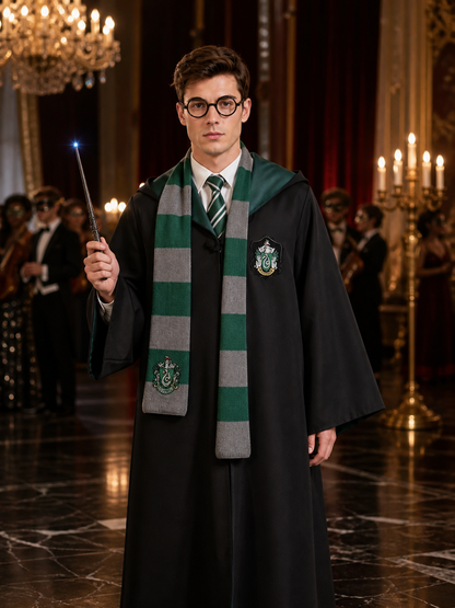 Slytherin Wizard Costume Set, Hooded Black Robe With Scarf, Tie, Glasses And Costumes detail