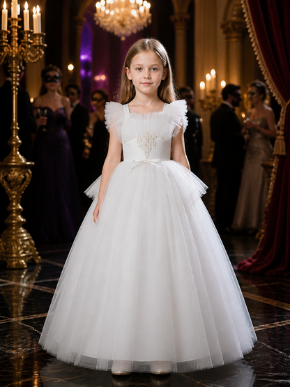 Girls' White Princess Formal Dress, Layered Tulle Ruffles, Rhinestone Flower and Costume Dresses detail