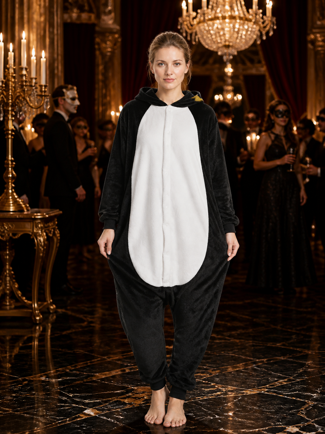 Hooded Penguin Onesie Costume With Yellow Beak, Long Sleeves And Pants
