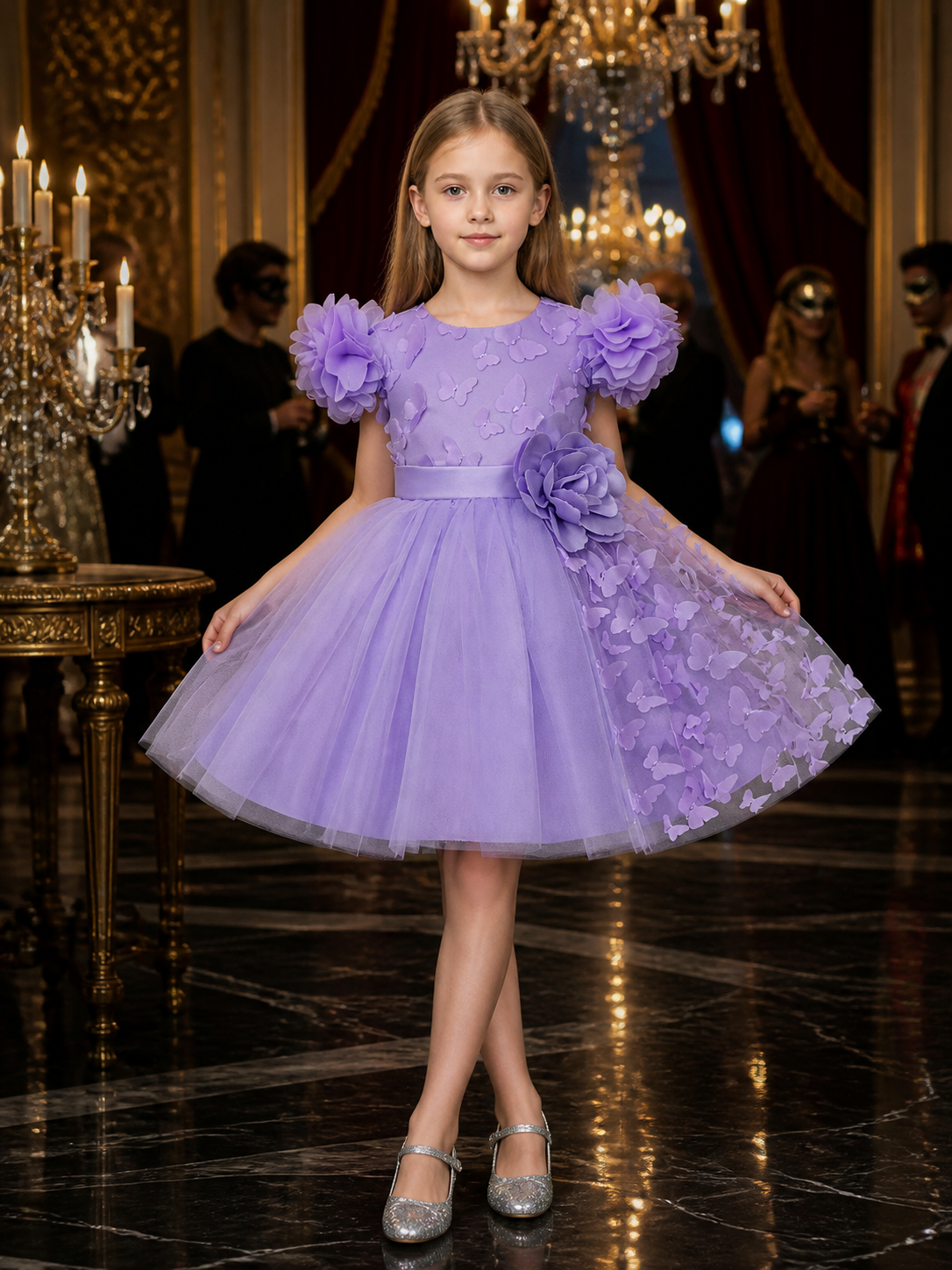 Girls' Light Purple Butterfly Princess Dress, 3D Flower Mesh Tutu Outfit Costume Dresses detail