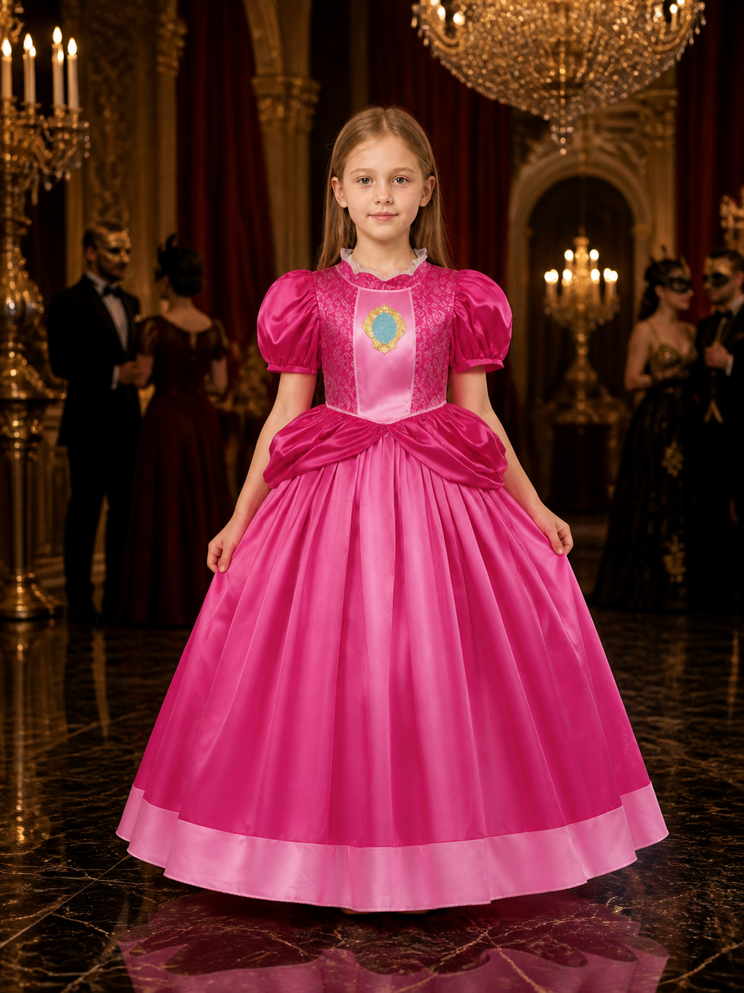 Pink Princess Ball Gown Costume Dress for Girls, Puff Sleeve with Blue Costume Dresses detail