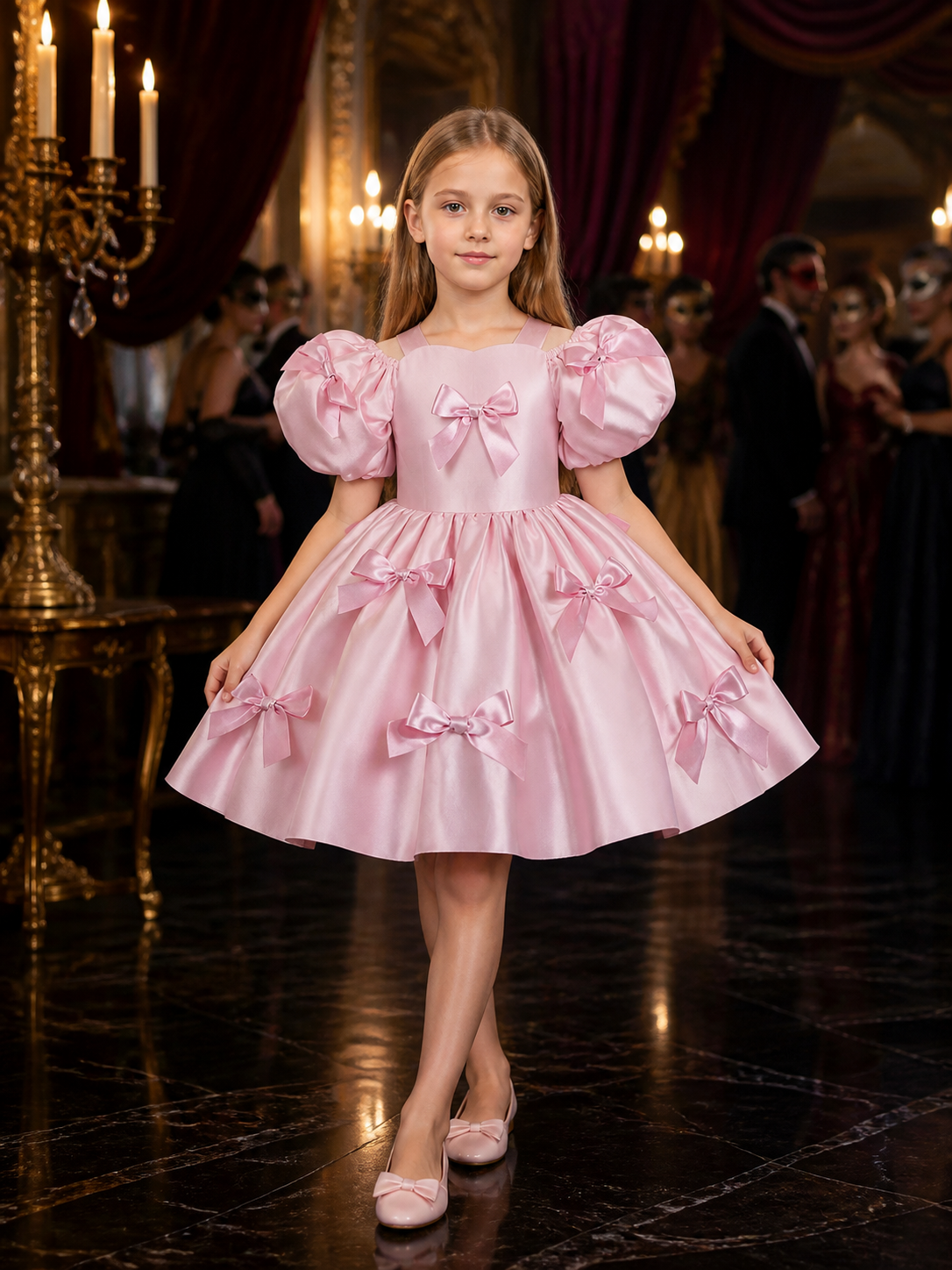 Toddler Girls' Pink Princess Party Dress with Puff Sleeves and Bow Decorations Costume Dresses detail