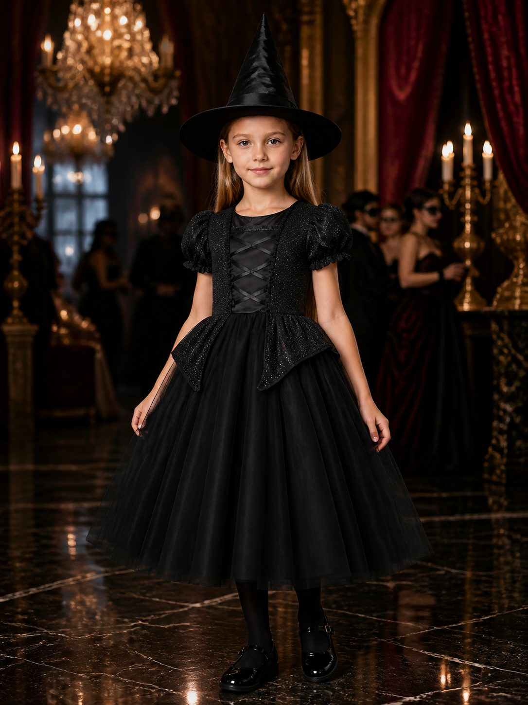 Kids Black Witch Dress with Hat Halloween Costume Set for Girls