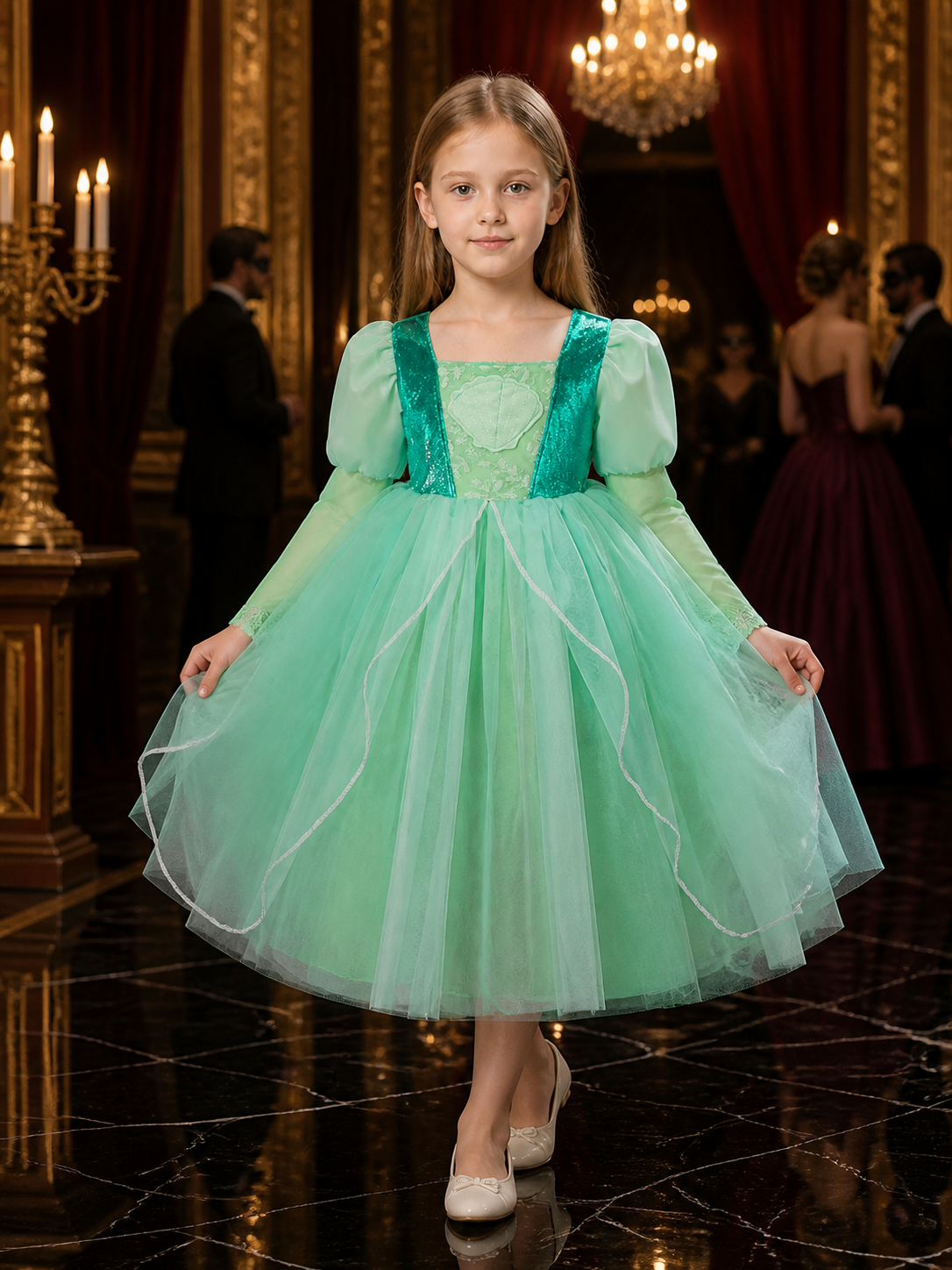 Girls' Green Princess Dress Costume, Sequined Tulle Long-Sleeve Party Outfit Costume Dresses detail