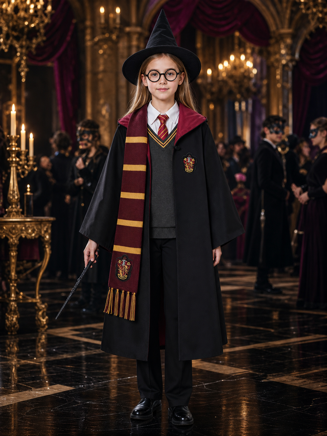 Wizard Robe Costume Set, Academy-Style Hooded Cloak With Hat, Tie, Scarf, Wand & Costume Capes detail