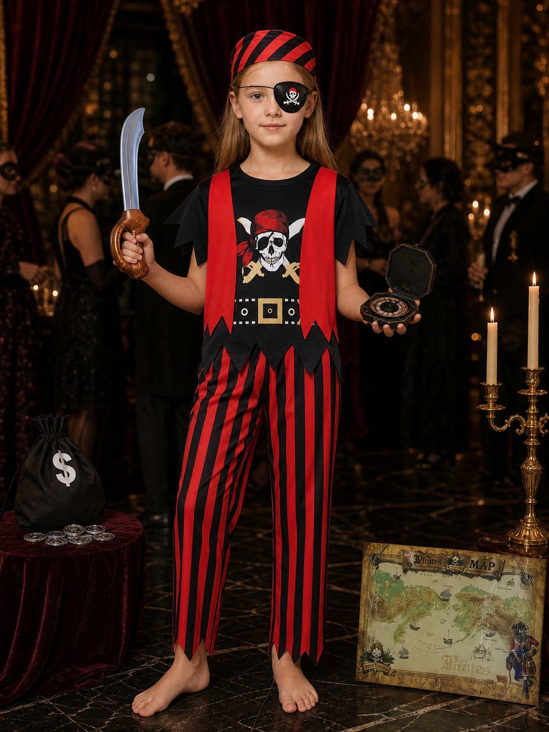 Kids Pirate Costume Set with Skeleton Print, Eye Patch & Halloween Accessories Costume Accessories detail