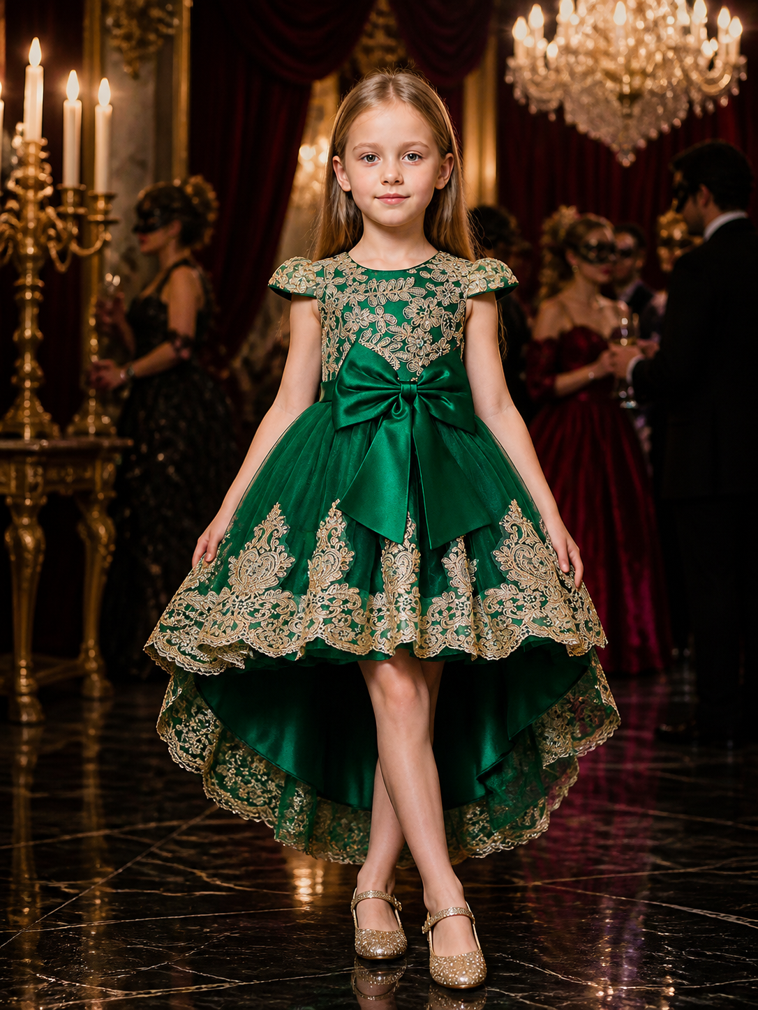 Girls' Dark Green Princess Dress with Gold Lace Embroidery, Bow and Train Costume Dresses detail