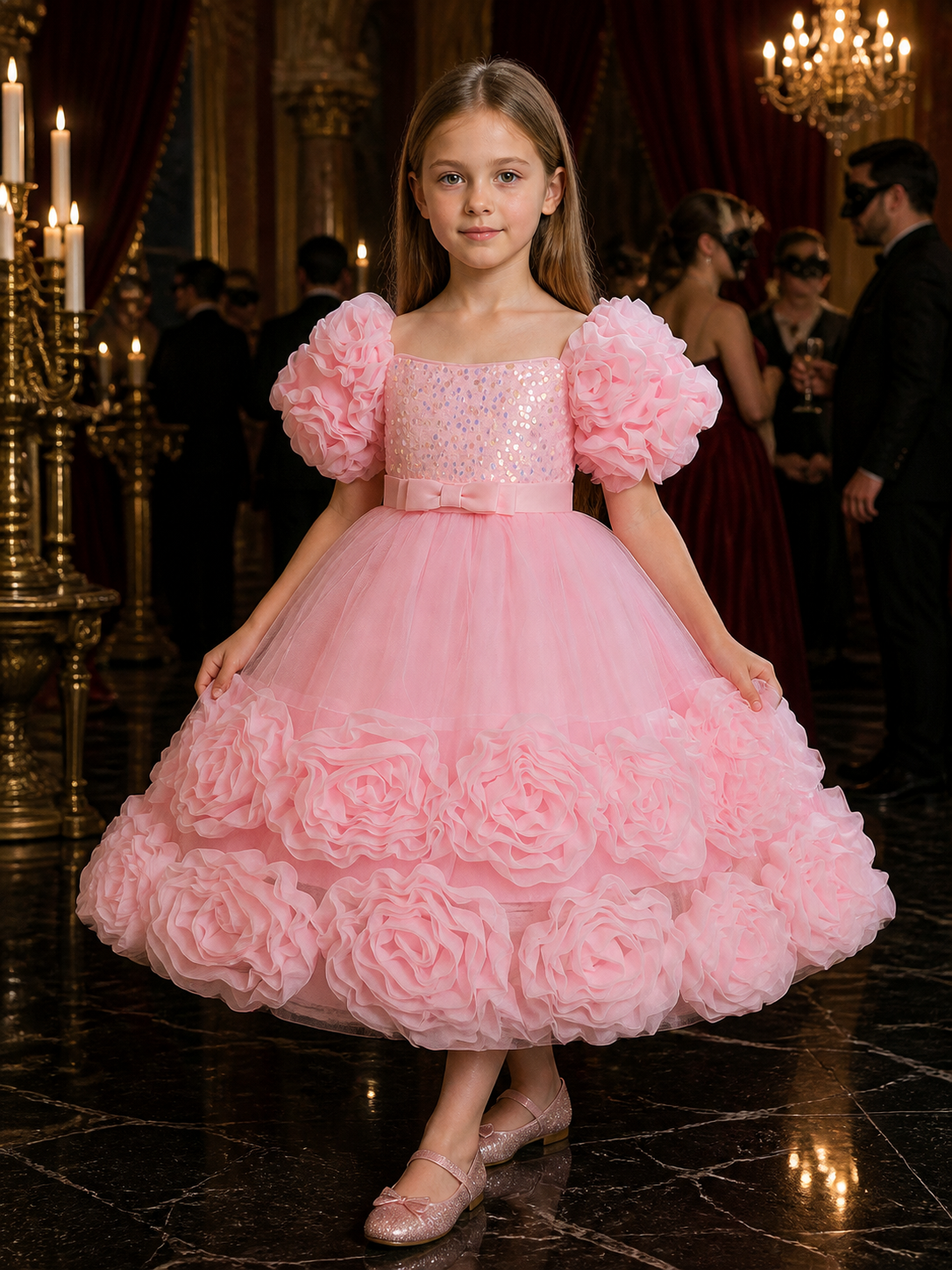 Baby Girls' Pink Princess Formal Dress with Sequins, Bow and Layered Ruffle Costume Dresses detail