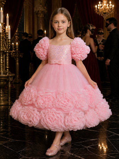 Baby Girls' Pink Princess Formal Dress with Sequins, Bow and Layered Ruffle Costume Dresses detail