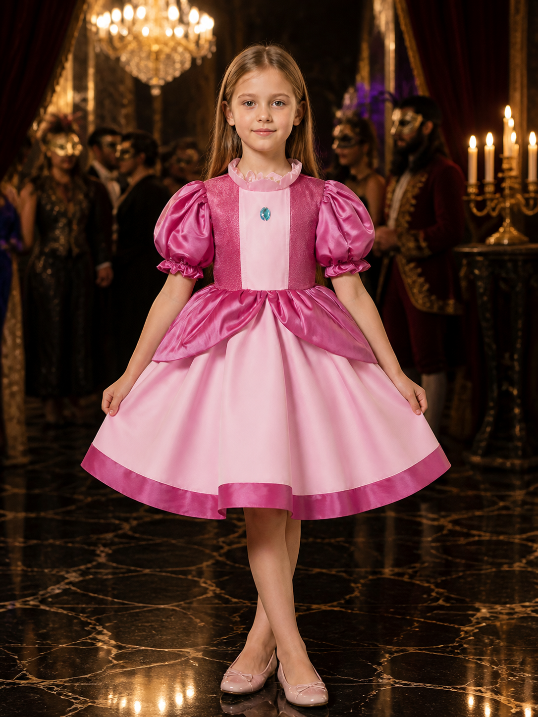 Girls Peach Princess Costume Dress, Puffy Sleeves Ball Gown Halloween Cosplay Costume Dresses detail