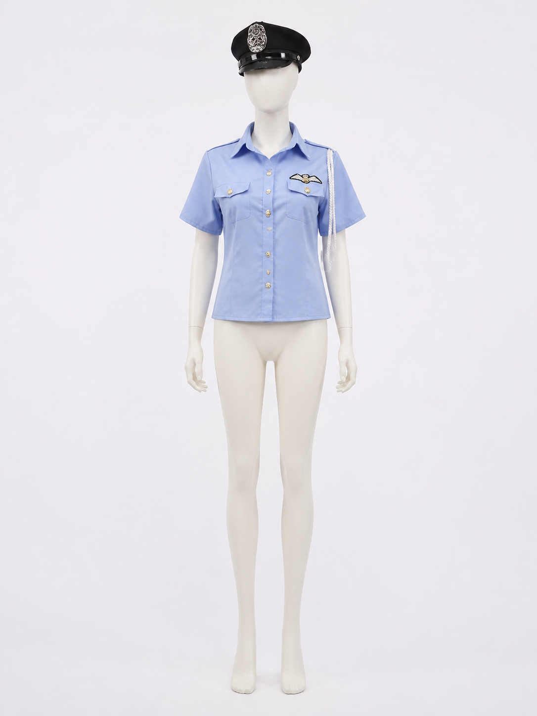Women's Sexy Police Costume Set - Light Blue Uniform Top with Black Hat and Costume Headwear detail