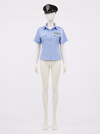 Women's Sexy Police Costume Set - Light Blue Uniform Top with Black Hat and Costume Headwear detail