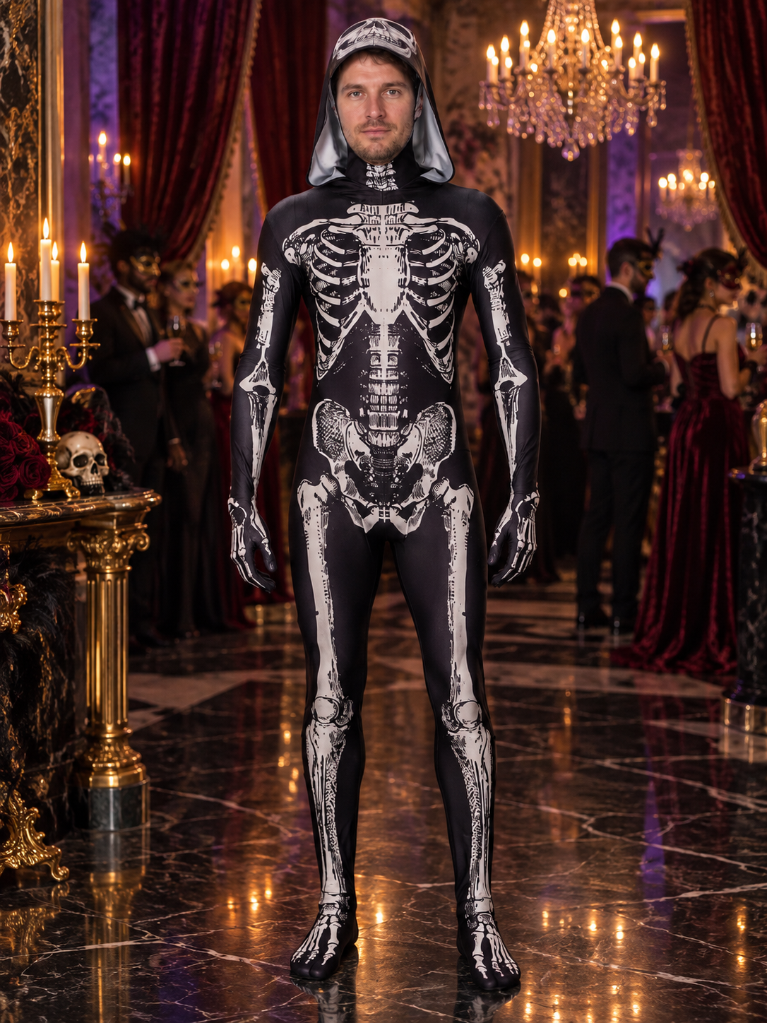 Black and White Skeleton Costume Hooded Jumpsuit with Print