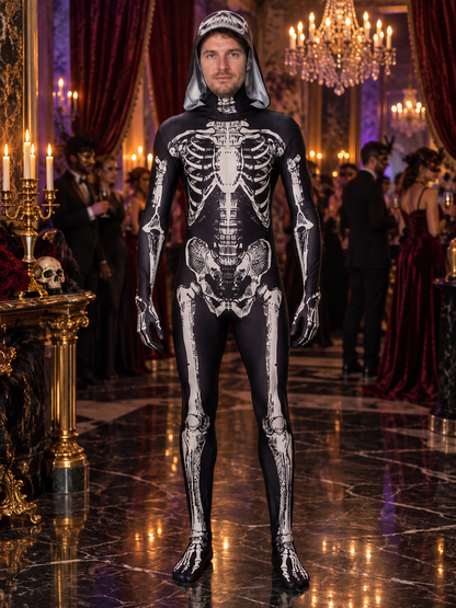 Black and White Skeleton Costume Hooded Jumpsuit with Print