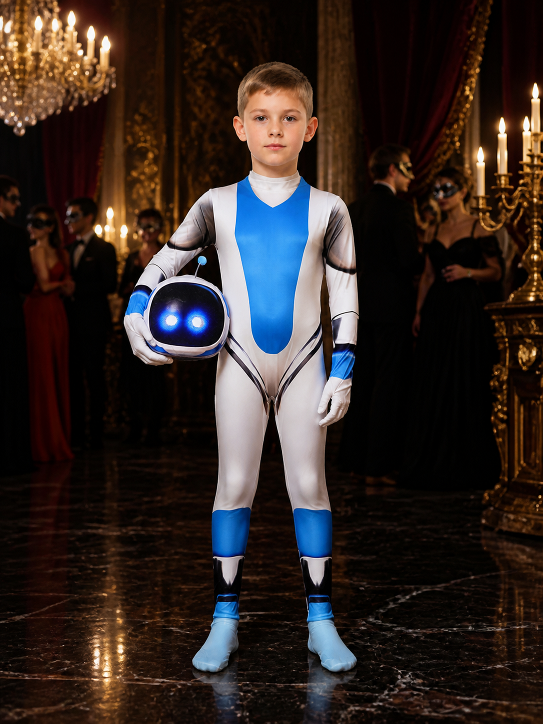 Unisex Space Robot Costume Jumpsuit with Headpiece, Blue White Black Halloween Costume Headwear detail