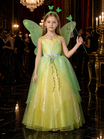 Girls Green Fairy Princess Costume Set with Tulle Dress, Butterfly Wings, Magic