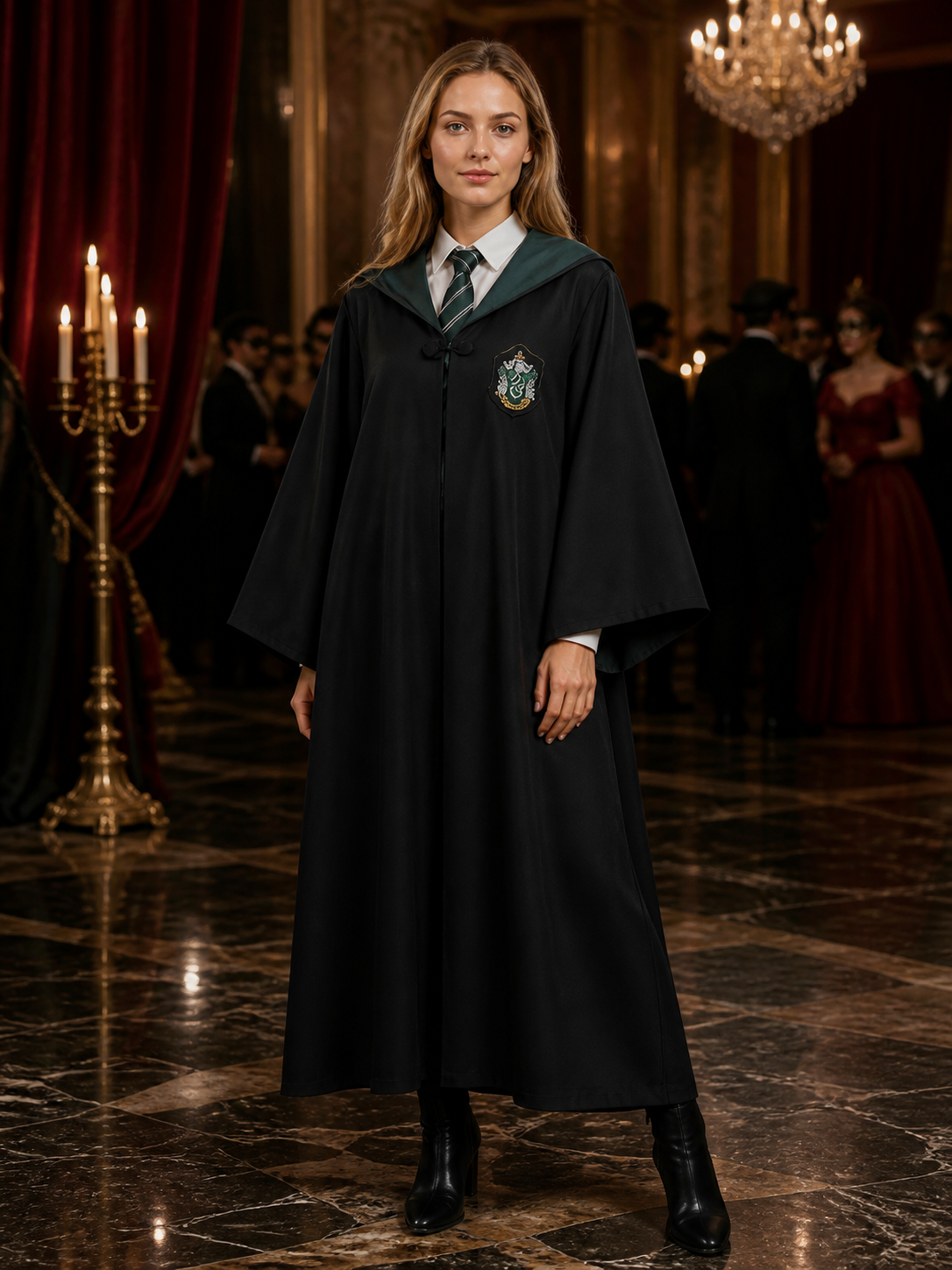Wizard Robe Costume Set with Striped Tie, Long Black and Green Halloween Cosplay Costumes detail