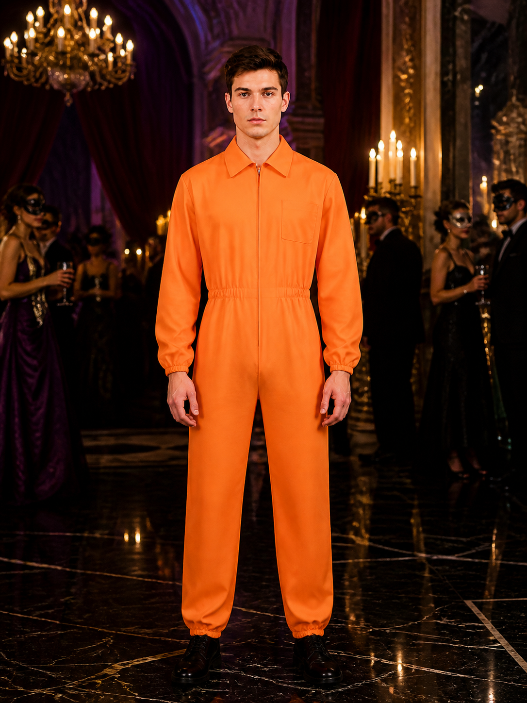 Prisoner Jumpsuit Costume for Adults, Orange DOC Print Long Sleeve Jail Outfit Costumes detail