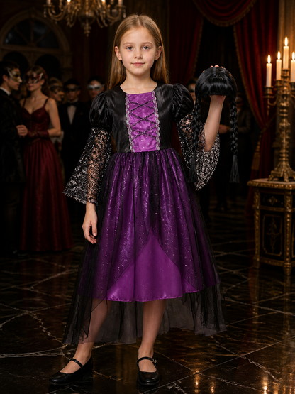 Girls Gothic Witch Vampire Halloween Costume Set - Black Purple Lace Tulle Dress Costume Dresses detail