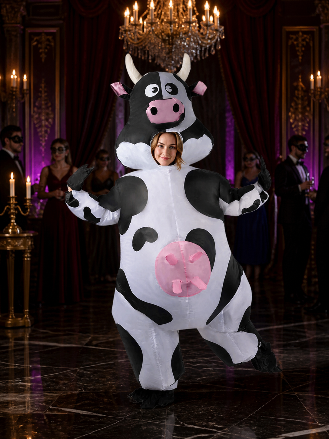 Adult Cow Onesie Costume with Horns, Spots, and Hood for Halloween Costumes detail