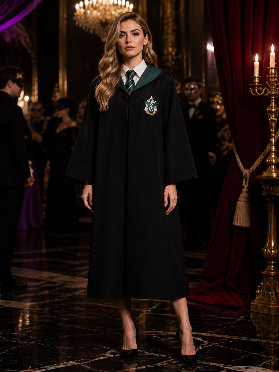 Kids Wizard Robe Set with Crest, Dark Green Hood & Striped Tie, Halloween Costumes detail