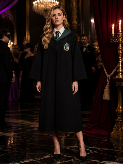 Kids Wizard Robe Set with Crest, Dark Green Hood & Striped Tie, Halloween Costumes detail