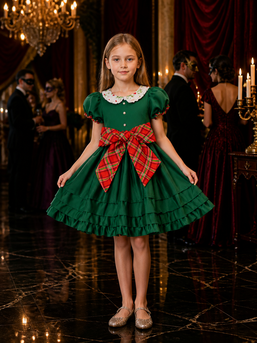 Girls' Christmas Elf Dress, Dark Green Ruffled Princess Costume with Puff Costume Dresses detail
