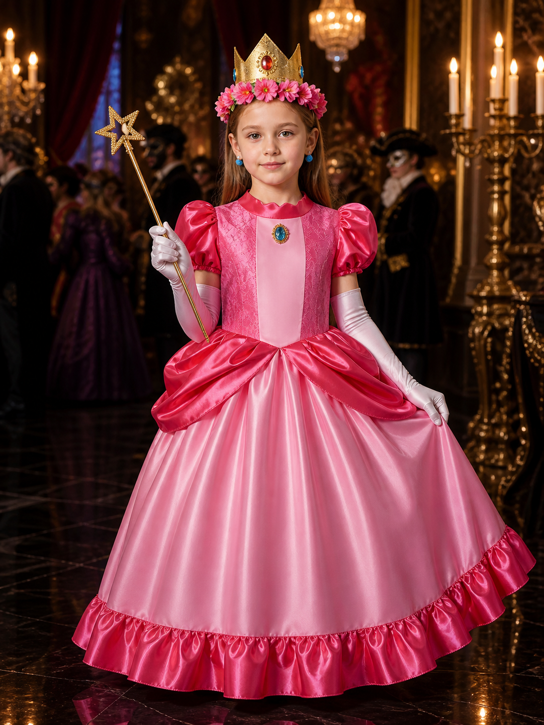Girls Halloween Peach Pink Princess Costume Set with Lace Ball Gown, Crown & Costume Dresses detail