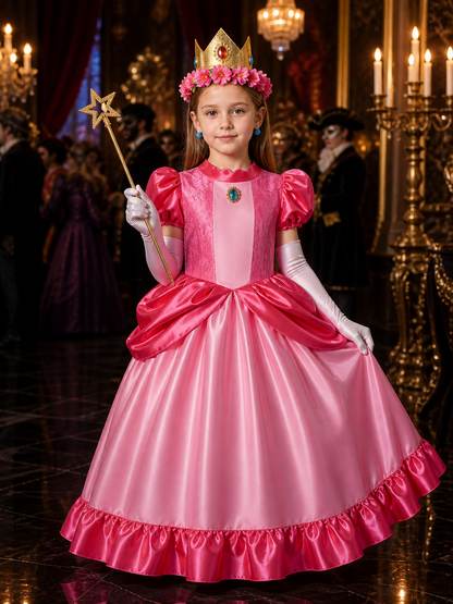 Girls Halloween Peach Pink Princess Costume Set with Lace Ball Gown, Crown & Costume Dresses detail