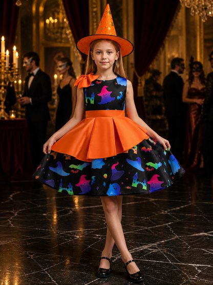 Girls' Halloween Witch Costume Dress Set With Printed Skirt And Witch Hat Costume Dresses detail