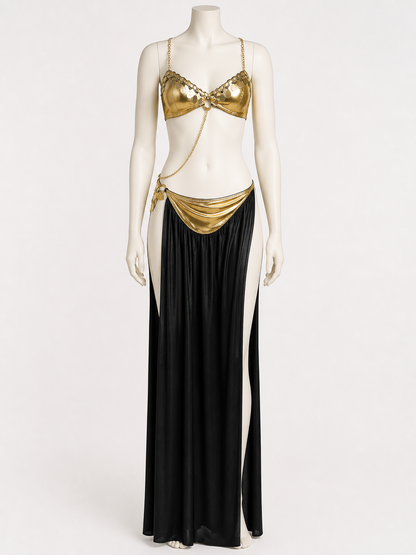 Adult Egyptian Queen Two-Piece Halloween Costume, Gold-Decorated Top and Costumes detail
