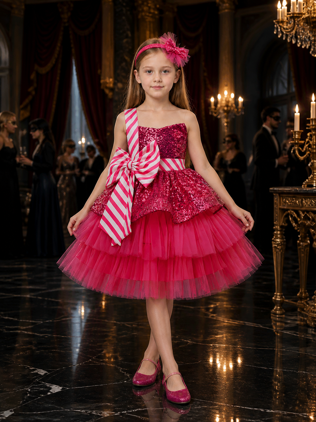 Girls' Sequin Tulle Princess Dress Costume with Bow, Christmas Party Outfit Costume Dresses detail