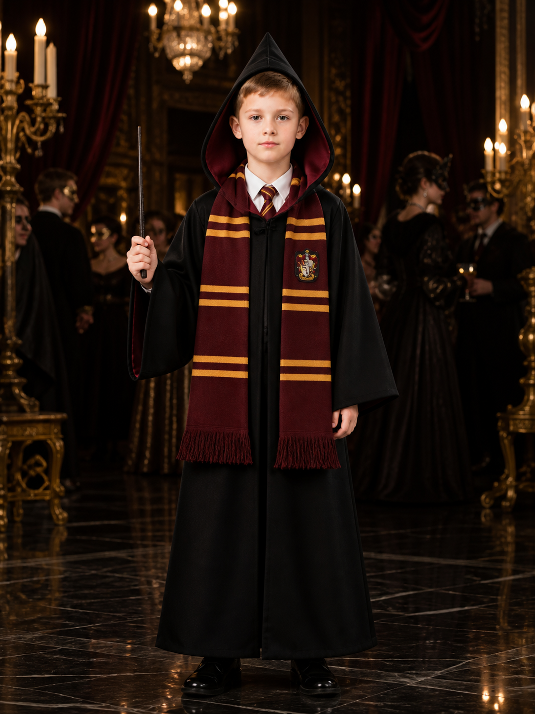 Black Wizard Robe Costume Set With Hooded Cloak, Tie And Tassel Scarf Costume Capes detail