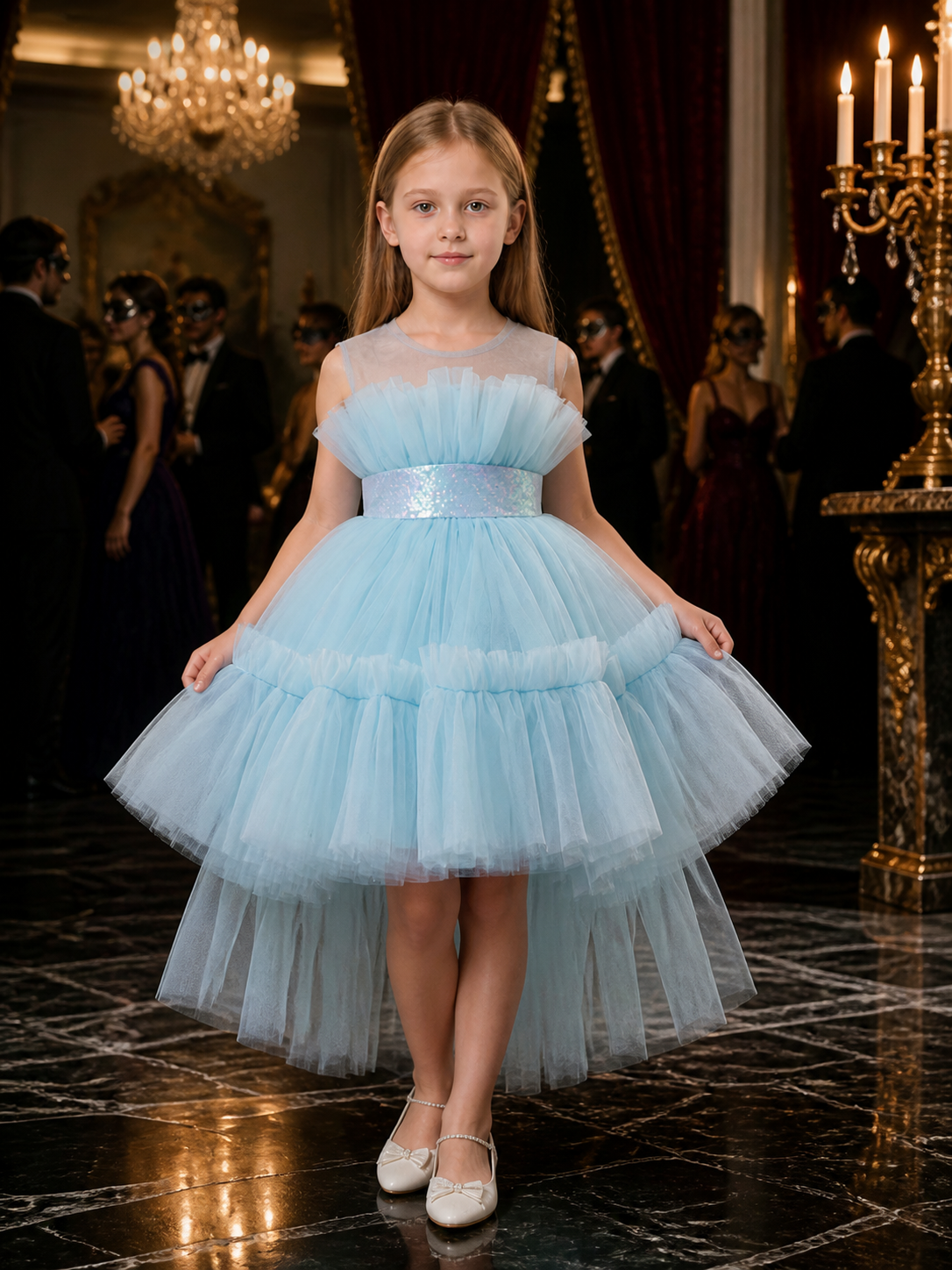 Girls' Light Blue Princess Dress, Layered Tulle Train Skirt With Sequined Costume Dresses detail